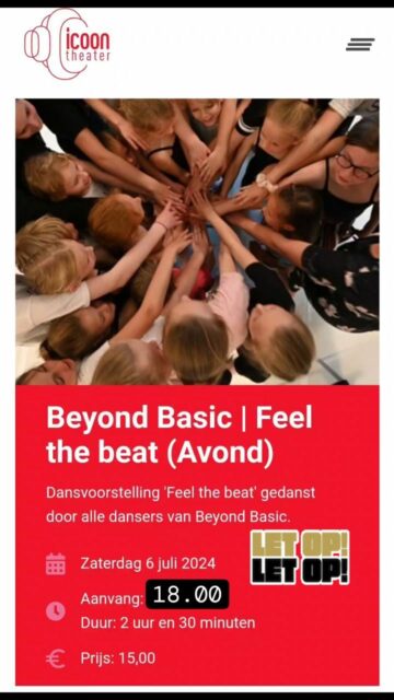 Belangrijke wijziging zaterdagavond 6 juli dansvoorstelling ‘Feel the BEAT’!
Ivm de voetbalwedstrijd van het Nederlands elftal vervroegen wij de avondvoorstelling.
De voorstelling start dan om 18.00 uur en zal uiterlijk 20.30 zijn afgelopen. Zo kunnen zowel publiek als dansers op tijd thuis zijn om deze wedstrijd te bekijken 🙂
Iedereen die tickets heeft gekocht voor deze voorstelling krijgt vandaag of morgen ook een officieel bericht van het ICOONtheater.
We hopen jullie allemaal vol energie te mogen ontmoeten tijdens onze toffe voorstelling. Deze wil je niet missen, kaarten zijn nog te koop via het ICOONtheater.